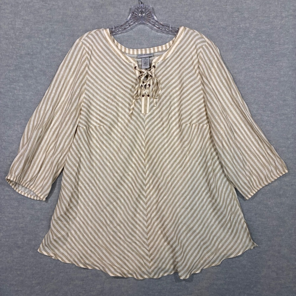 Catherines Striped Lace Up Tunic Top Tan White 3/4 Sleeve Plus Size 0X 14/16W